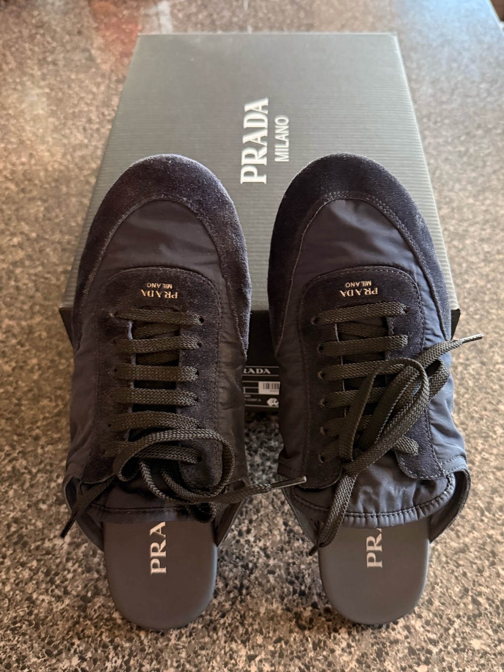 Prada women’s midnight blue sneaker slides
